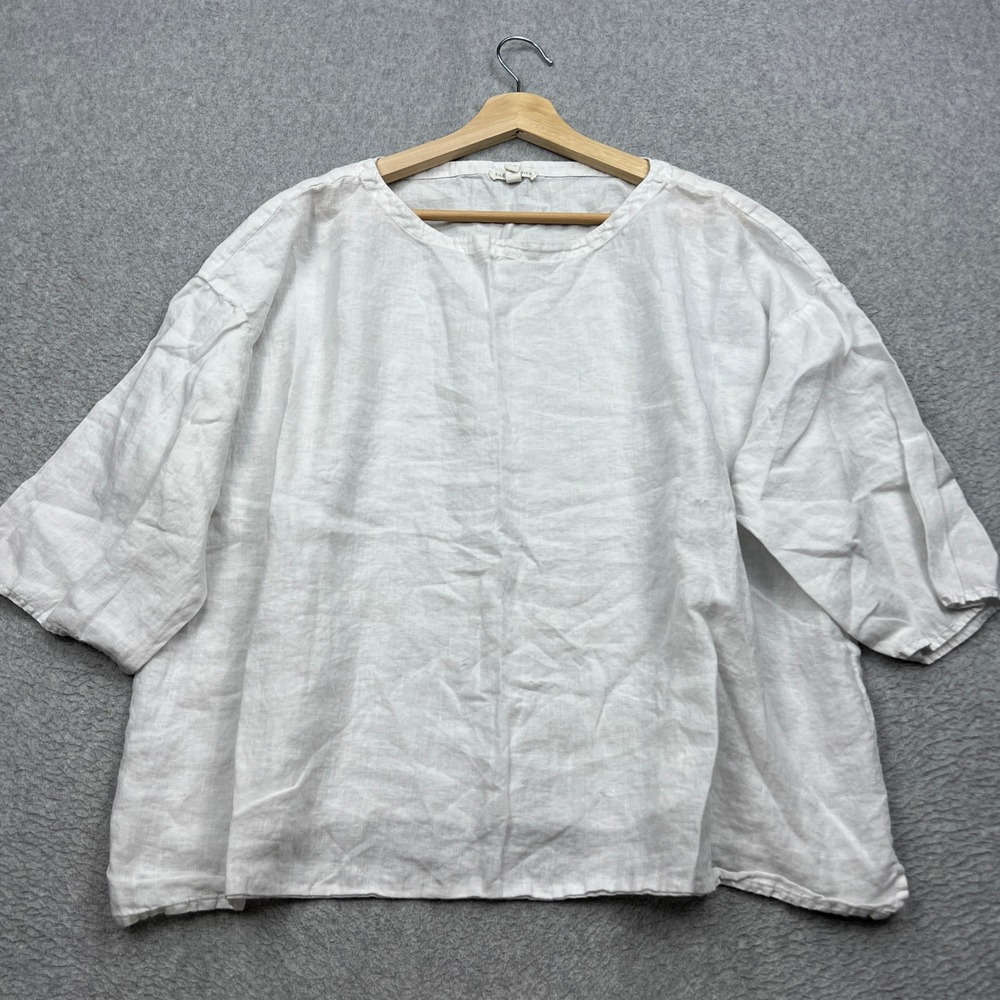 Eileen Fisher 100% Organic Linen Top Womens XL White Boxy 3/4 Sleeve Minimalist